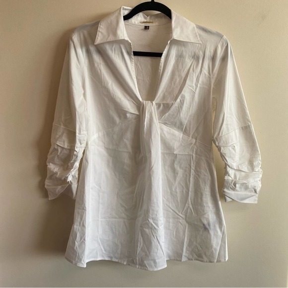 Adrienne Vittadini White Collared Babydoll Collared Blouse Shirred Sleeves Small - Picture 7 of 9